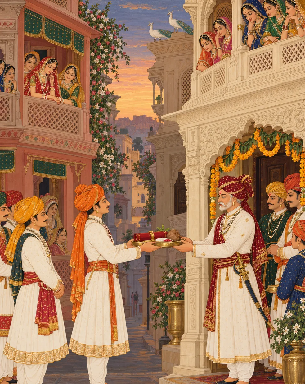 A painting: under a marigold toran, the bride's brother offers the kunkupatri, a coconut and rice on a brass thali to the groom's father, while the women of the house watch from the balconies above.
