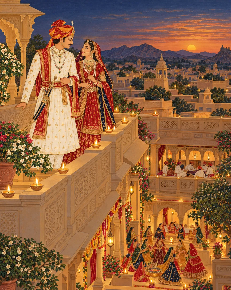 A painting: a bride and groom stand side by side on a haveli terrace at dusk, lamps along the parapet, their families dancing and feasting in the courtyard below.
